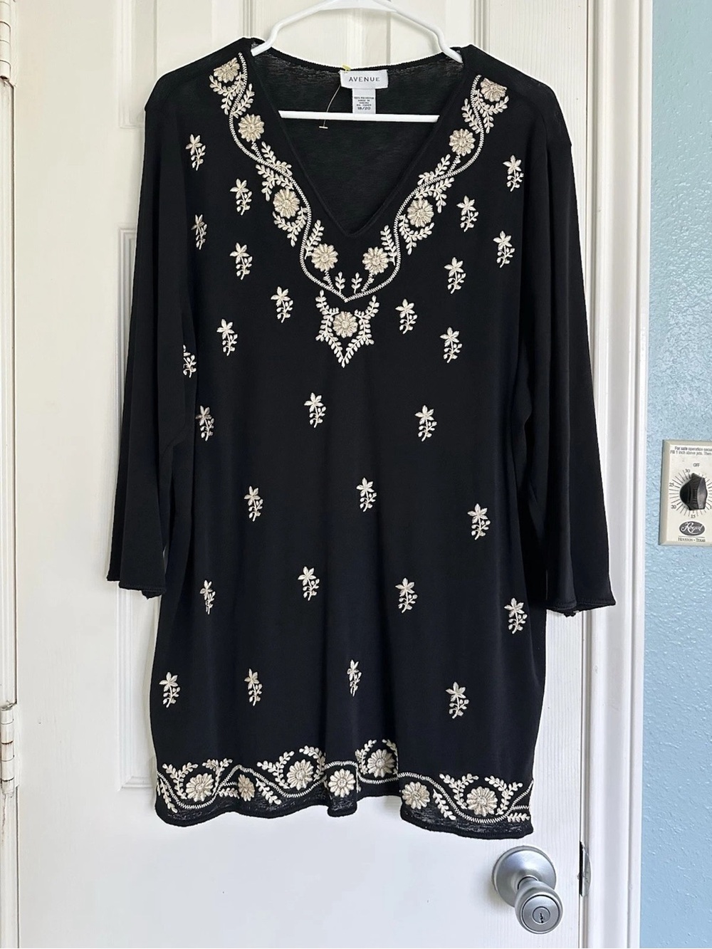 Avenue Black Tunic with Cream Floral Embroidery